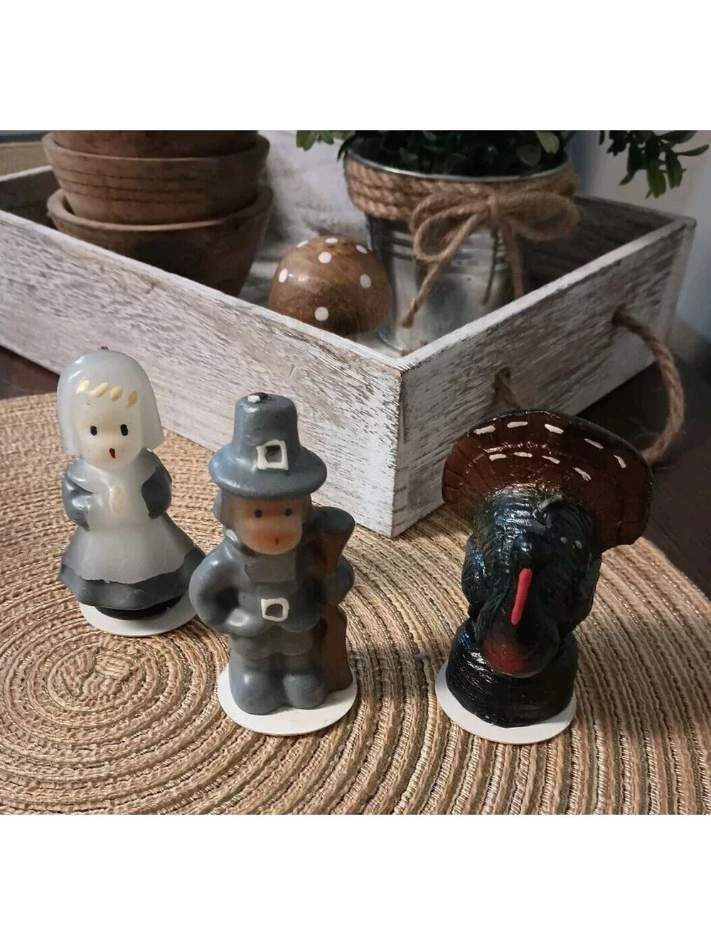 Vintage W/Box Pilgrims & Turkey Candles Centerpiece Thanksgiving America USA